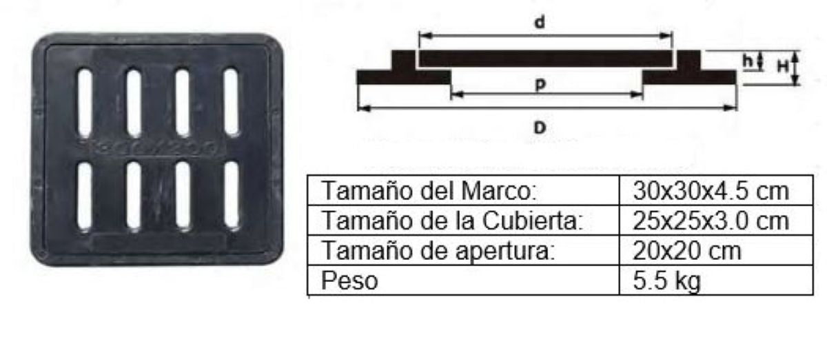 Rejilla tapa y marco de resina reforzada - 25X25 - 2T